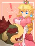  1girl blonde_hair blue_eyes bowser breast_lift breasts crown dress fangs highres super_mario_bros. monster nintendo open_mouth pink_dress princess_peach super_mario_bros. zabumaku 