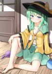  1girl barefoot blue_eyes bow breasts cleavage collarbone commentary_request fan green_hair hat hat_bow hot komeiji_koishi long_hair looking_at_viewer navel o3o ominaeshi_(takenoko) open_clothes open_shirt paper_fan shirt sitting skirt sliding_doors solo sweat third_eye touhou uchiwa wooden_floor 