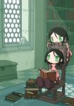  :&lt; black_hair book book_stack bookshelf box candle chair frown green_eyes holding holding_book light open_mouth original rug sitting smile turtleneck window yamori_511 