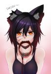  1girl animal_ears bare_shoulders black_hair breasts cheshire_cat_(monster_girl_encyclopedia) collar english facial_scar fangs gradient gradient_background heart heart-shaped_pupils highres leash less looking_at_viewer medium_breasts missing_ear monster_girl_encyclopedia mouth_hold orange_eyes pink_background scar scar_across_eye simple_background smile solo symbol-shaped_pupils tank_top teeth upper_body 