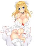  1girl bare_shoulders blonde_hair blue_eyes blush breasts choker cleavage collarbone commentary_request cowboy_shot detached_sleeves flower frilled_legwear garter_belt groin hair_flower hair_ornament juno_(sennen_sensou_aigis) large_breasts leaning_forward long_hair looking_at_viewer navel noeomi panties parted_lips revealing_clothes sennen_sensou_aigis smile solo stomach thigh-highs underwear white_background white_legwear white_panties 