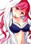  1girl akine_(kuroyuri) arms_up black_bra bra breasts cleavage hands_in_hair highres large_breasts long_hair looking_at_viewer rasis red_eyes redhead shirt simple_background solo sound_voltex topless underwear upper_body white_background white_shirt 