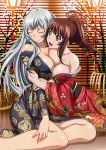  2girls breast_press breasts brown_eyes brown_hair chouun_shiryuu cleavage closed_eyes high_ponytail ikkitousen indoors japanese_clothes kimono large_breasts long_hair multiple_girls off_shoulder open_mouth silver_hair sitting symmetrical_docking yagyu_mitsuyoshi yukata 