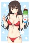  1girl akagi_(kantai_collection) bare_arms bare_shoulders bikini black_hair blush breasts brown_eyes cleavage collarbone cowboy_shot front-tie_bikini front-tie_top holding holding_spoon kantai_collection long_hair looking_at_viewer medium_breasts nakamura_sumikage navel red_bikini saliva shaved_ice side-tie_bikini solo spoon star starry_background stomach swimsuit 