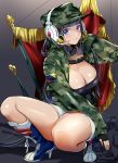  1girl black_hair black_legwear blue_eyes boots breasts cleavage earrings fingerless_gloves gloves hat headphones high_heels hime_cut jewelry long_hair looking_at_viewer military military_uniform original smile solo squatting uniform yan&#039;yo_(yan&#039;yan&#039;yo) 