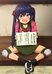  1girl absurdres bandages black_legwear blush choker ebisuzawa_kurumi fingerless_gloves gakkou_gurashi! gloves highres holding_sign knee_pads long_hair open_mouth purple_hair red_eyes saiyan_222 school_uniform sitting skirt smile solo translation_request twintails 