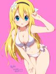 1girl bare_shoulders bikini blonde_hair blue_eyes blush breasts cleavage collarbone commentary_request dated flower front-tie_top hair_flower hair_ornament hairband hand_on_own_thigh highres large_breasts leaning_forward long_hair looking_at_viewer navel open_mouth original ragho_no_erika side-tie_bikini signature solo swimsuit white_bikini white_swimsuit 