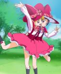  2girls \m/ arm_up asahina_mirai blonde_hair capelet haruyama_kazunori hat izayoi_liko leg_up long_hair mahou_girls_precure! multiple_girls open_mouth pink_skirt precure purple_hair short_hair skirt socks standing standing_on_one_leg violet_eyes witch_hat 