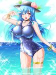  1girl blue_hair blue_sky blush bracelet breasts choker day food fruit hat highres hinanawi_tenshi honda_takaharu jewelry large_breasts long_hair looking_at_viewer ocean one-piece_swimsuit one_eye_closed open_mouth outdoors peach red_eyes school_swimsuit sky solo sparkle standing swimsuit thigh_strap touhou v_over_eye wading water wet 