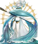  1boy androgynous bangs blue_hair circlet highres long_hair male_focus mikleo_(tales) nuku ponytail solo_focus staff swept_bangs sword tales_of_(series) tales_of_zestiria violet_eyes weapon 