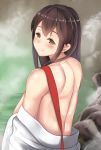  1girl akagi_(kantai_collection) back blush brown_eyes brown_hair clothes_down commentary_request from_behind hakama japanese_clothes kantai_collection long_hair looking_at_viewer looking_back onsen outdoors smile solo steam straight_hair undressing untsue upper_body 