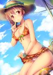  1girl bikini blush braid breasts brown_eyes brown_hair cleavage dutch_angle flower hat idolmaster idolmaster_cinderella_girls index_finger_raised kara_(color) long_hair senkawa_chihiro single_braid smile solo straw_hat swimsuit 