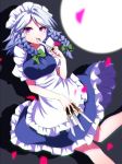  1girl apron blue_dress blurry bow braid breasts commentary_request depth_of_field dress frilled_dress frills green_bow hair_bow holding holding_knife izayoi_sakuya knife knife_licking licking licking_weapon looking_at_viewer maid maid_apron maid_headdress medium_breasts petals pink_eyes puffy_short_sleeves puffy_sleeves short_sleeves silver_hair solo tongue tongue_out touhou twin_braids you_(noanoamoemoe) 