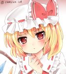  1girl blonde_hair blush bow flandre_scarlet frown hair_between_eyes hat hat_bow looking_at_viewer mob_cap portrait puffy_sleeves ramudia_(lamyun) red_bow red_eyes ribbon_trim side_ponytail simple_background solo touhou white_background white_hat wings wrist_cuffs 