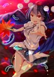  1girl akine_(kuroyuri) bare_legs black_feathers black_skirt feathered_wings feathers hair_ornament highres holding looking_at_viewer miniskirt open_mouth pleated_skirt purple_hair red_eyes shameimaru_aya shirt short_hair skirt solo thigh_gap touhou white_shirt wings 
