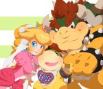  1girl bandana_over_mouth blonde_hair bowser bowser_jr. commentary family highres horns looking_at_viewer super_mario_bros. monster nintendo princess_peach redhead super_mario_bros. turtle_shell zabumaku 