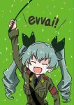  1girl anchovy arm_up armband bandolier bangs closed_eyes commentary_request crying drill_hair epaulettes girls_und_panzer green_background green_hair hair_ribbon jacket long_hair military military_uniform necktie open_mouth otoufu ribbon riding_crop shirt sketch smile solo streaming_tears tears twin_drills uniform 