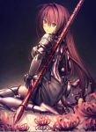  1girl bodysuit fate/grand_order fate_(series) feet flower kawanakajima kneeling looking_back no_shoes parted_lips polearm red_eyes redhead scathach_(fate/grand_order) soles solo spear spider_lily toes weapon 