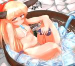  1girl arisakak_(valshun1225) bangs bikini blunt_bangs bow breasts bucket colored_eyelashes covered_nipples food fruit gourd hair_bow hair_ornament hair_scrunchie highres horns hose hot ibuki_suika ice long_hair looking_at_viewer medium_breasts micro_bikini mouth_hold pointy_ears popsicle red_eyes ripples scrunchie shiny shiny_hair shiny_skin sitting solo squiggle sweat swimsuit thighs touhou very_long_hair water watermelon white_bikini wooden_bucket 