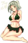  1girl adapted_costume bare_legs bare_shoulders barefoot bikini black_skirt blush breast_hold breasts camouflage character_name cleavage closed_mouth commentary_request dated full_body green_bikini green_bikini_top green_eyes imu_(senran_kagura) knees_together_feet_apart large_breasts looking_at_viewer navel no_glasses noeomi senran_kagura senran_kagura_(series) senran_kagura_shinovi_versus silver_hair sitting skirt solo stomach swimsuit two_side_up wariza white_background 