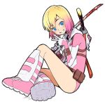  1girl blonde_hair blood bloody_weapon blue_eyes female gradient_hair gwen_poole gwenpool hood io_naomichi leotard marvel mask mask_removed multicolored_hair over_shoulder short_hair simple_background sitting smile solo sword sword_over_shoulder v weapon weapon_over_shoulder white_background 