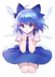  1girl ahoge ainy77 blowing blue_bow blue_dress blue_eyes blue_hair blue_nails bow bowtie cirno dress ice ice_wings nail_polish red_bow red_bowtie seiza short_hair short_sleeves signature simple_background sitting solo touhou white_background wings 