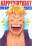  1boy absurdres blonde_hair closed_eyes dated facial_hair happy_birthday highres himanemu laughing male_focus marco one_piece open_mouth smile stubble tears 