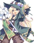  1girl absurdres blonde_hair blue_eyes blush character_request hat highres long_hair looking_at_viewer nomalandnomal open_mouth robe smile solo staff witch_hat 