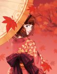  1girl autumn autumn_leaves bangs blunt_bangs bow branch brown_hair floral_print ginkgo_leaf japanese_clothes kimono leaf light_smile looking_back maple_leaf mr.c_(bchana) oriental_umbrella original red red_background red_bow short_hair solo tree umbrella 