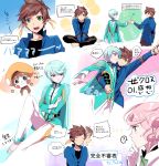  1girl 2boys alisha_diphda arm_around_waist blush brown_hair earrings feather_earrings fist_bump green_eyes jewelry mikleo_(tales) mingppup multiple_boys normin_(tales) open_mouth short_hair smile sorey_(tales) tales_of_(series) tales_of_zestiria 