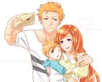  1girl 2boys bleach breasts brown_eyes cellphone commentary_request family father_and_son hair_ornament husband_and_wife inoue_orihime kurosaki_ichigo kurosaki_kazui long_hair mother_and_son multiple_boys open_mouth orange_hair phone short_hair smartphone spoilers 