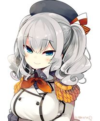  1girl artist_name bangs beret blue_eyes blush breast_hold breasts buttons closed_mouth epaulettes eyebrows eyebrows_visible_through_hair frilled_sleeves frills hair_between_eyes hat hat_ribbon jacket kantai_collection kashima_(kantai_collection) large_breasts long_hair looking_at_viewer military military_uniform ribbon silver_hair simple_background sketch smile solo tsurime twintails uniform upper_body white_background yuzuki_gao 