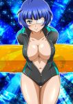  1girl breasts cleavage collarbone eyepatch front_zipper_swimsuit green_eyes ikkitousen large_breasts long_hair mole mole_under_mouth navel one-piece_swimsuit ryomou_shimei short_hair smile solo swimsuit zipper 