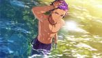  1boy abs belt bracelet cross cross_necklace dark_skin dark_skinned_male ensemble_stars! fish hand_in_hair jewelry looking_at_viewer male_focus muscle navel necklace official_art otogari_adonis purple_hair river shirtless solo sparkle water wet wet_hair yellow_eyes 