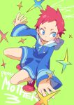  1girl blue_eyes copyright_name dress green_background hooded_dress io_naomichi jumping kumatora mother_(game) mother_3 pink_hair short_hair simple_background solo sparkle 