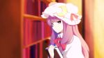  1girl anime_coloring blue_bow blue_ribbon blurry book bookshelf bow capelet closed_mouth commentary_request crescent depth_of_field hair_bow hair_ornament hair_ribbon hat hat_ribbon holding holding_book library long_hair looking_at_viewer mob_cap patchouli_knowledge purple_hair red_bow red_ribbon ribbon sidelocks solo touhou tress_ribbon upper_body violet_eyes you_(noanoamoemoe) 