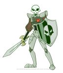  1boy animated animated_gif armor atomi-cat bouncing green_eyes heart male_focus medievil mystery_skulls parody shield single_eye sir_daniel_fortesque skeleton solo standing style_parody sword transparent_background watermark weapon web_address 