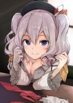  1girl beret blue_eyes breasts cleavage epaulettes frilled_sleeves frills gloves grey_eyes hat kantai_collection kashima_(kantai_collection) looking_at_viewer max_melon_teitoku military military_uniform revision sidelocks silver_hair single_glove smile solo tsurime twintails uniform wavy_hair white_gloves 