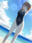  1girl arms_behind_head arms_up beach brown_eyes brown_hair competition_swimsuit dutch_angle gin_nyaga highres kaga_(kantai_collection) kantai_collection one-piece_swimsuit short_hair side_ponytail solo swimsuit 