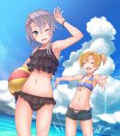  2girls :d ;d ^_^ armpits asymmetrical_hair ball bare_arms bare_shoulders beachball bikini blonde_hair blush bracelet breasts closed_eyes clouds cloudy_sky dutch_angle flipped_hair frilled_bikini frills front-tie_bikini front-tie_top highres holding_ball jewelry kantai_collection konnyaku_(kk-monmon) long_hair looking_at_viewer maikaze_(kantai_collection) multiple_girls navel nowaki_(kantai_collection) ocean one_eye_closed open_fly open_mouth outdoors outstretched_arms round_teeth short_hair short_ponytail short_shorts shorts silver_hair sky small_breasts smile splashing swimsuit swimsuit_under_clothes teeth unbuttoned wading water 