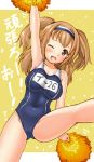  1girl hairband i-26_(kantai_collection) kantai_collection kurogane_daichi light_brown_eyes light_brown_hair long_hair looking_at_viewer name_tag new_school_swimsuit open_mouth pom_poms school_swimsuit smile solo swimsuit two_side_up 
