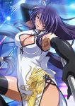  1girl armpits black_gloves black_legwear breasts china_dress chinese_clothes cleavage cleavage_cutout dragon_print dress elbow_gloves gloves hair_over_one_eye ikkitousen kan&#039;u_unchou large_breasts long_hair looking_at_viewer low-tied_long_hair purple_hair solo thigh-highs 