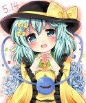  1girl :d aqua_hair black_hat blue_eyes blue_rose bow confetti dated flower frilled_sleeves frills hair_between_eyes hair_bow hat hat_bow heart heart-shaped_pupils heart_hands highres komeiji_koishi looking_at_viewer open_mouth ramudia_(lamyun) rose shirt smile solo symbol-shaped_pupils third_eye touhou upper_body yellow_bow yellow_shirt 
