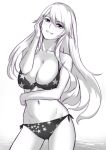  1girl bikini breasts cleavage din_(raiden) greyscale iowa_(kantai_collection) kantai_collection large_breasts long_hair monochrome solo standing star star_print swimsuit 
