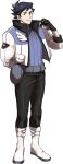  1boy absurdres arm_behind_back blue_hair boots earrings full_body glasses_enthusiast highres holding holding_poke_ball jacket jewelry looking_at_viewer male_focus open_clothes open_jacket original parody paxton_(glasses_enthusiast) poke_ball pokemon pokemon_go smile solo style_parody 