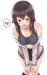  1girl :d bare_shoulders black_hair black_skirt blush bra breasts brown_eyes brown_hair collarbone commentary_request covered_nipples grey_eyes hands_on_own_knees hanging_breasts hayasui_(kantai_collection) heart jacket kantai_collection large_breasts leaning_forward long_hair long_sleeves looking_at_viewer miniskirt navel off_shoulder open_clothes open_jacket open_mouth pleated_skirt saemon_(tonpura) short_hair simple_background skirt smile solo speech_bubble spoken_heart sports_bra sweat track_jacket underwear white_background 
