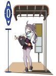  &gt;:) 1girl ahoge alternate_costume asashimo_(kantai_collection) backpack bag bus_stop choker commentary_request female_protagonist_(pokemon_go) female_protagonist_(pokemon_go)_(cosplay) grey_eyes grey_legwear hair_over_one_eye highres kantai_collection legwear_under_shorts long_hair ndkazh pantyhose poke_ball pokemon pokemon_go ponytail shorts silver_hair solo 