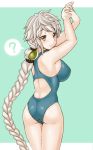  1girl ? alternate_costume arms_up ass asymmetrical_hair back bare_arms bare_shoulders blue_swimsuit braid breasts brown_eyes from_behind impossible_clothes jitome kantai_collection kurogane_daichi large_breasts light_smile long_hair looking_at_viewer looking_back one-piece_swimsuit sideboob silver_hair single_braid solo spoken_question_mark swimsuit thighs unryuu_(kantai_collection) very_long_hair wavy_hair 
