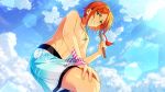  1boy aoi_hinata ensemble_stars! from_below green_eyes grin hand_on_own_thigh jewelry male_focus male_swimwear navel necklace official_art orange_hair shirtless sky smile solo sparkle swim_trunks swimwear 