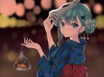  1girl alternate_costume alternate_hairstyle blue_eyes blurry bokeh braid commentary_request depth_of_field fish fox_mask french_braid green_hair hair_ornament hairclip highres japanese_clothes jewelry kanikou kantai_collection kimono long_hair looking_at_viewer mask ring smile solo suzuya_(kantai_collection) wedding_band yukata 